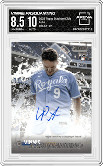 Vinnie Pasquantino from the 2023 Topps Stadium Club set graded by Arena Club and given an overall grade of 8.5.