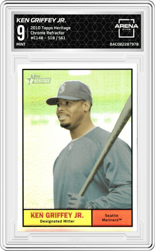 Ken Griffey Jr. from the 2010 Topps Heritage set featuring a Refractor parallel graded by Arena Club and given an overall grade of 9.