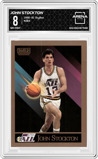 John Stockton from the 1990-91 SkyBox  set graded by Arena Club and given an overall grade of 8.