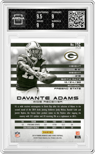 Davante Adams from the 2014 Panini Rookies & Stars set graded by Arena Club and given an overall grade of 9.