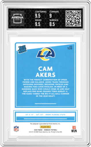 Cam Akers from the 2020 Panini Donruss set featuring a Bronze parallel graded by Arena Club and given an overall grade of 9.