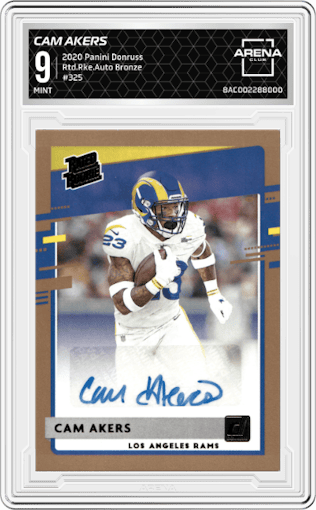 Cam Akers from the 2020 Panini Donruss set featuring a Bronze parallel graded by Arena Club and given an overall grade of 9.