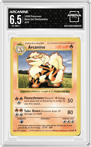 Arcanine from the 1999 Pokemon set graded by Arena Club and given an overall grade of 6.5.