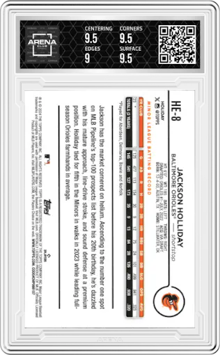 Jackson Holliday from the 2024 Topps Holiday set graded by Arena Club and given an overall grade of 9.5.