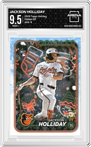 Jackson Holliday from the 2024 Topps Holiday set graded by Arena Club and given an overall grade of 9.5.