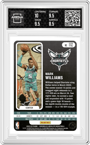 Mark Williams from the 2022-23 Panini Chronicles  set featuring a Red parallel graded by Arena Club and given an overall grade of 9.