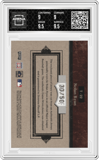 Nolan Ryan from the 2004 Playoff Prime Cuts set featuring a Prime parallel graded by Arena Club and given an overall grade of 9.5.