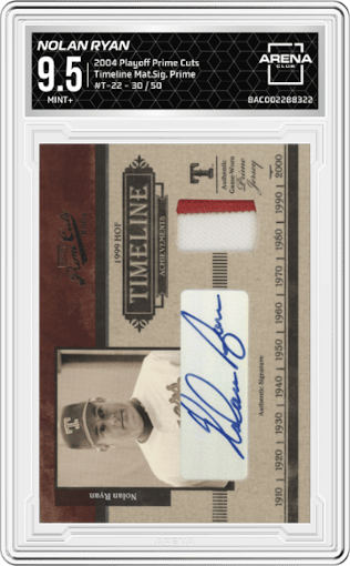 Nolan Ryan from the 2004 Playoff Prime Cuts set featuring a Prime parallel graded by Arena Club and given an overall grade of 9.5.