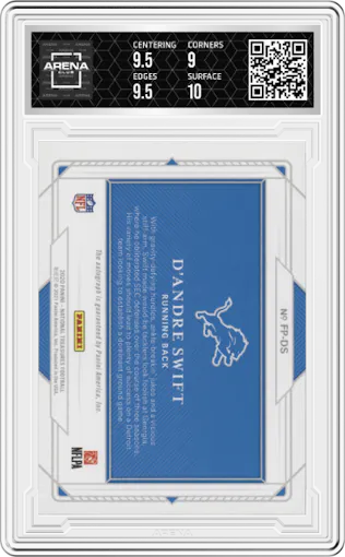 D'Andre Swift from the 2020 Panini National Treasures set graded by Arena Club and given an overall grade of 9.5.