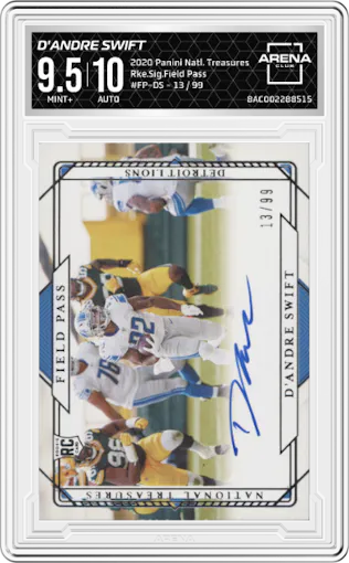 D'Andre Swift from the 2020 Panini National Treasures set graded by Arena Club and given an overall grade of 9.5.