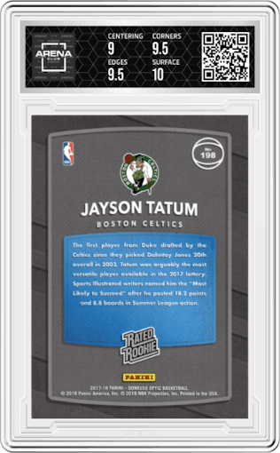 Jayson Tatum from the 2017-18 Panini Donruss Optic set featuring a Red/Yellow  parallel graded by Arena Club and given an overall grade of 9.5.