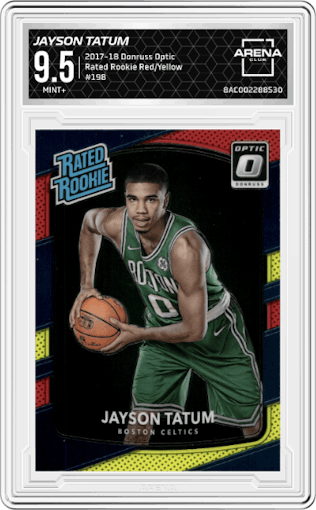 Jayson Tatum from the 2017-18 Panini Donruss Optic set featuring a Red/Yellow  parallel graded by Arena Club and given an overall grade of 9.5.