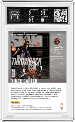 Vince Carter from the 2020-21 Panini NBA Hoops set featuring a Purple Explosion parallel graded by Arena Club and given an overall grade of 9.