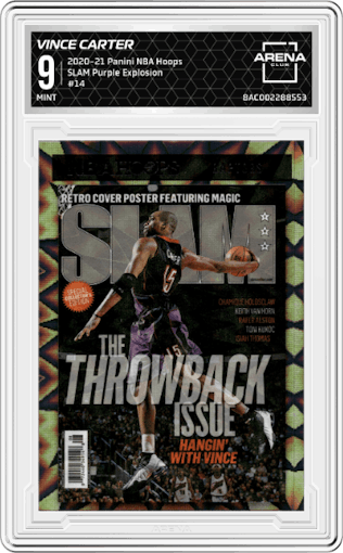 Vince Carter from the 2020-21 Panini NBA Hoops set featuring a Purple Explosion parallel graded by Arena Club and given an overall grade of 9.