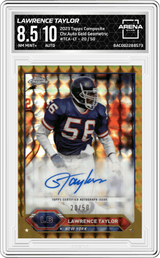 Lawrence Taylor from the 2023 Topps Composite set featuring a Gold Geometric parallel graded by Arena Club and given an overall grade of 8.5.