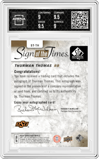 Thurman Thomas from the 2011 SP Authentic set featuring a Gold parallel graded by Arena Club and given an overall grade of 9.5.