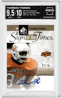 Thurman Thomas from the 2011 SP Authentic set featuring a Gold parallel graded by Arena Club and given an overall grade of 9.5.