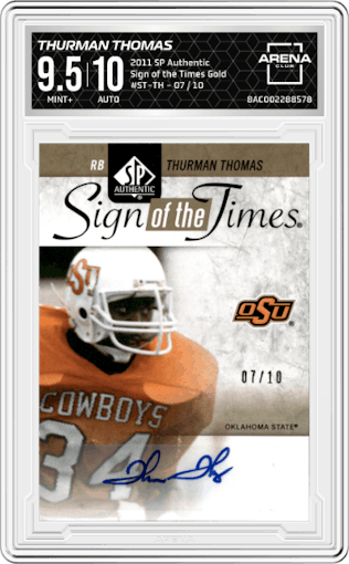 Thurman Thomas from the 2011 SP Authentic set featuring a Gold parallel graded by Arena Club and given an overall grade of 9.5.