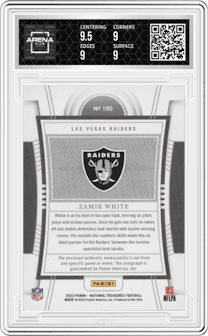 Zamir White from the 2022 Panini National Treasures set graded by Arena Club and given an overall grade of 9.