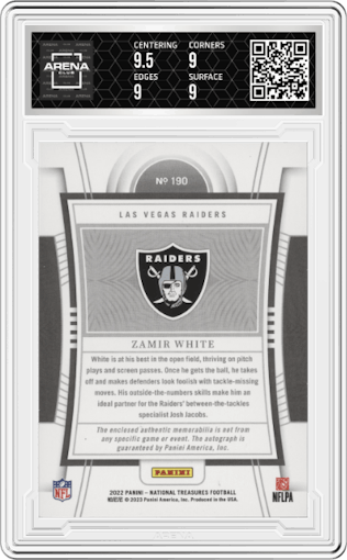 Zamir White from the 2022 Panini National Treasures set graded by Arena Club and given an overall grade of 9.