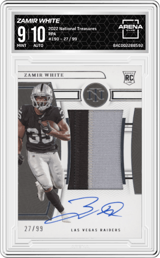 Zamir White from the 2022 Panini National Treasures set graded by Arena Club and given an overall grade of 9.
