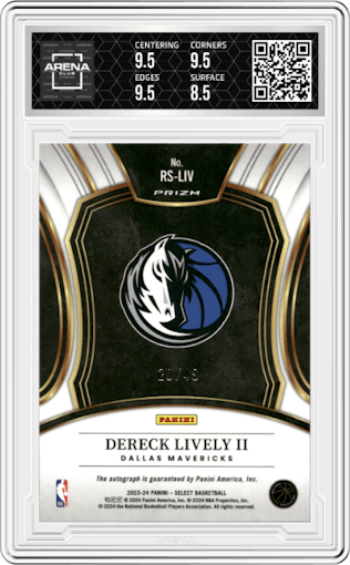 Dereck Lively II from the 2023-24 Panini Select  set featuring a Blue Prizm parallel graded by Arena Club and given an overall grade of 9.