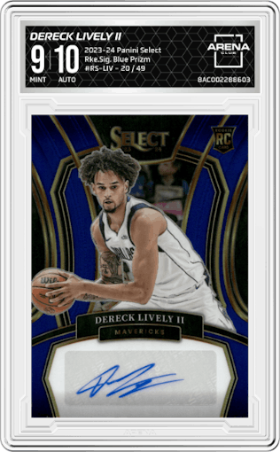 Dereck Lively II from the 2023-24 Panini Select  set featuring a Blue Prizm parallel graded by Arena Club and given an overall grade of 9.