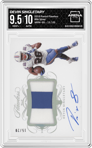 Devin Singletary from the 2019 Panini Flawless set featuring a Silver parallel graded by Arena Club and given an overall grade of 9.5.