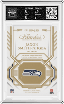 Jaxon Smith-Njigba from the 2023 Panini Flawless set graded by Arena Club and given an overall grade of 9.5.