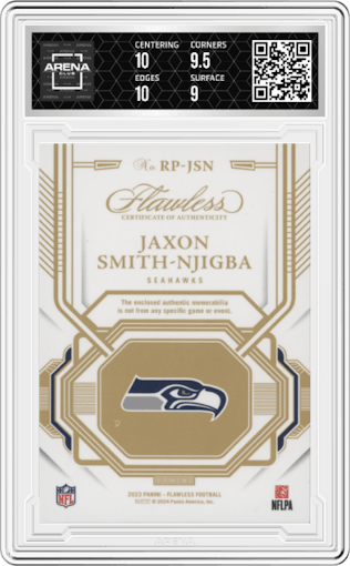 Jaxon Smith-Njigba from the 2023 Panini Flawless set graded by Arena Club and given an overall grade of 9.5.