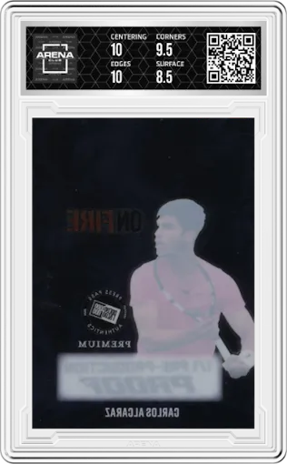 Carlos Alcaraz from the 2024 Press Pass Premium Whatnot Exclusive set featuring a Pre-Production Proof Clear parallel graded by Arena Club and given an overall grade of 9.
