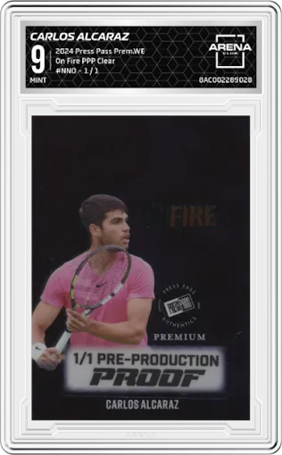 Carlos Alcaraz from the 2024 Press Pass Premium Whatnot Exclusive set featuring a Pre-Production Proof Clear parallel graded by Arena Club and given an overall grade of 9.