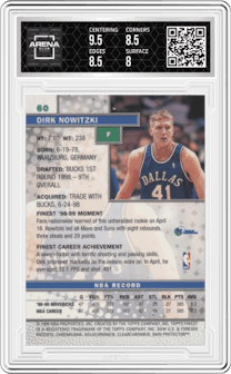 Dirk Nowitzki from the 1999-00 Topps Finest set featuring a W/ Coating parallel graded by Arena Club and given an overall grade of 8.5.