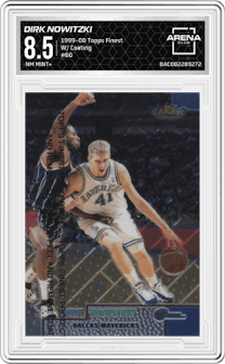 Dirk Nowitzki from the 1999-00 Topps Finest set featuring a W/ Coating parallel graded by Arena Club and given an overall grade of 8.5.
