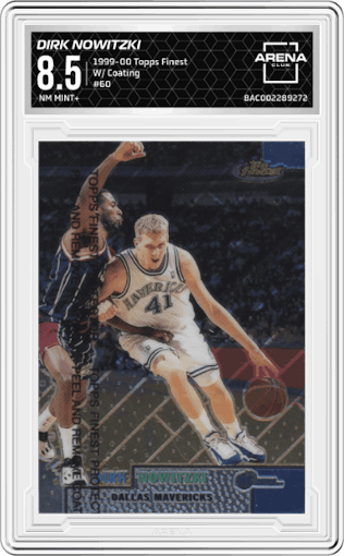 Dirk Nowitzki from the 1999-00 Topps Finest set featuring a W/ Coating parallel graded by Arena Club and given an overall grade of 8.5.