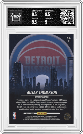 Ausar Thompson from the 2023-24 Panini Hoops Premium Stock set featuring a Premium Red parallel graded by Arena Club and given an overall grade of 9.5.