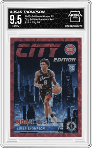 Ausar Thompson from the 2023-24 Panini Hoops Premium Stock set featuring a Premium Red parallel graded by Arena Club and given an overall grade of 9.5.