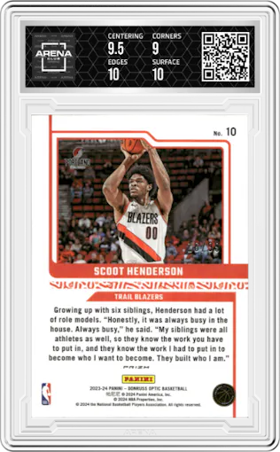 Scoot Henderson from the 2023-24 Donruss Optic set featuring a Red and Gold International parallel graded by Arena Club and given an overall grade of 9.5.