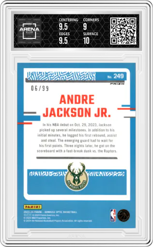 Andre Jackson Jr. from the 2023-24 Donruss Optic set featuring a Red/Gold International parallel graded by Arena Club and given an overall grade of 9.5.