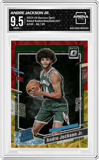 Andre Jackson Jr. from the 2023-24 Donruss Optic set featuring a Red/Gold International parallel graded by Arena Club and given an overall grade of 9.5.