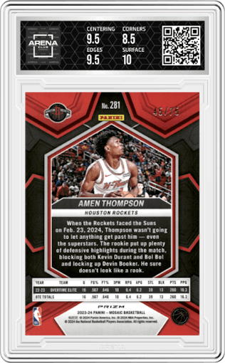 Amen Thompson from the 2023-24 Panini Mosaic set featuring a Choice Fusion Red & Yellow parallel graded by Arena Club and given an overall grade of 9.