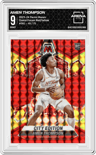 Amen Thompson from the 2023-24 Panini Mosaic set featuring a Choice Fusion Red & Yellow parallel graded by Arena Club and given an overall grade of 9.