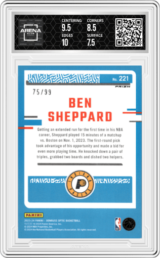 Ben Sheppard from the 2023-24 Donruss Optic set featuring a Red/Gold International parallel graded by Arena Club and given an overall grade of 8.