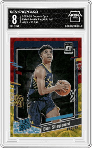 Ben Sheppard from the 2023-24 Donruss Optic set featuring a Red/Gold International parallel graded by Arena Club and given an overall grade of 8.