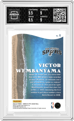 Victor Wembanyama from the 2023-24 Donruss Optic set graded by Arena Club and given an overall grade of 9.