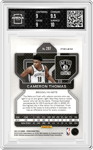 Cameron Thomas from the 2021-22 Panini Prizm  set featuring a Pink Ice parallel graded by Arena Club and given an overall grade of 9.5.