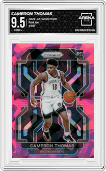 Cameron Thomas from the 2021-22 Panini Prizm  set featuring a Pink Ice parallel graded by Arena Club and given an overall grade of 9.5.