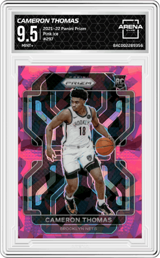 Cameron Thomas from the 2021-22 Panini Prizm  set featuring a Pink Ice parallel graded by Arena Club and given an overall grade of 9.5.