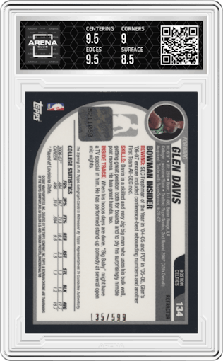 Glen Davis from the 2007-08 Bowman set graded by Arena Club and given an overall grade of 9.