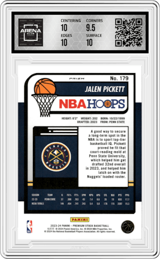 Jalen Pickett from the 2023-24 Panini Hoops Premium Stock set featuring a Premium Red Prizm parallel graded by Arena Club and given an overall grade of 10.